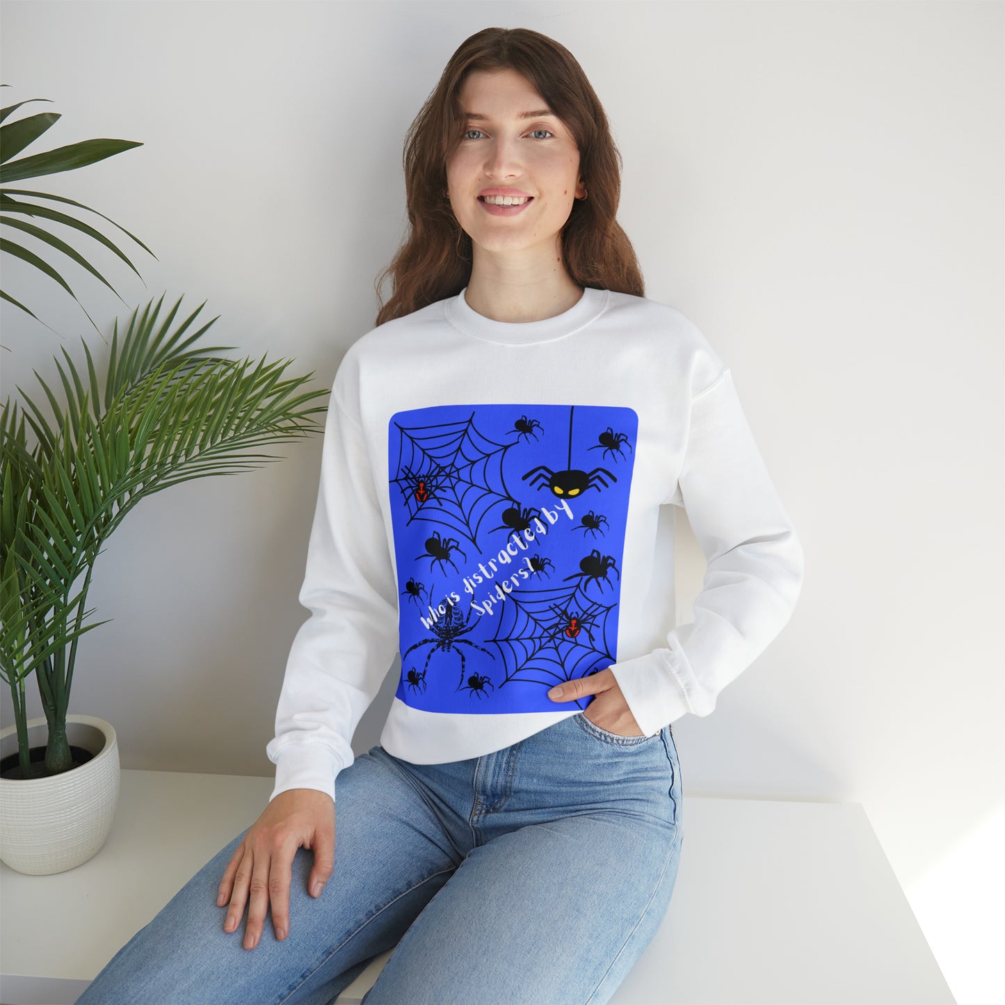 Who's Distracted by Spiders? Blue Ground Unisex Heavy Blend™ Crewneck Sweatshirt