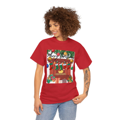 Merry Christmas Fireplace Unisex Heavy Cotton Tee