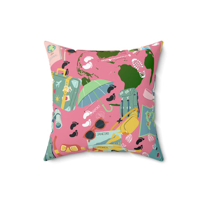 Travel and Exploration Pink Spun Polyester Square Pillow