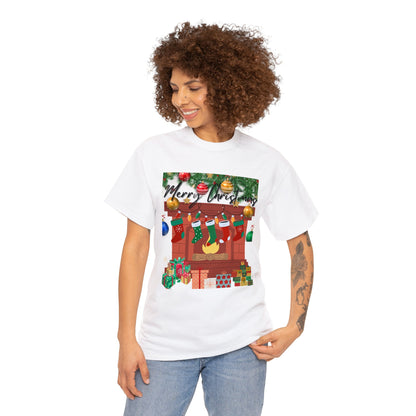 Merry Christmas Fireplace Unisex Heavy Cotton Tee