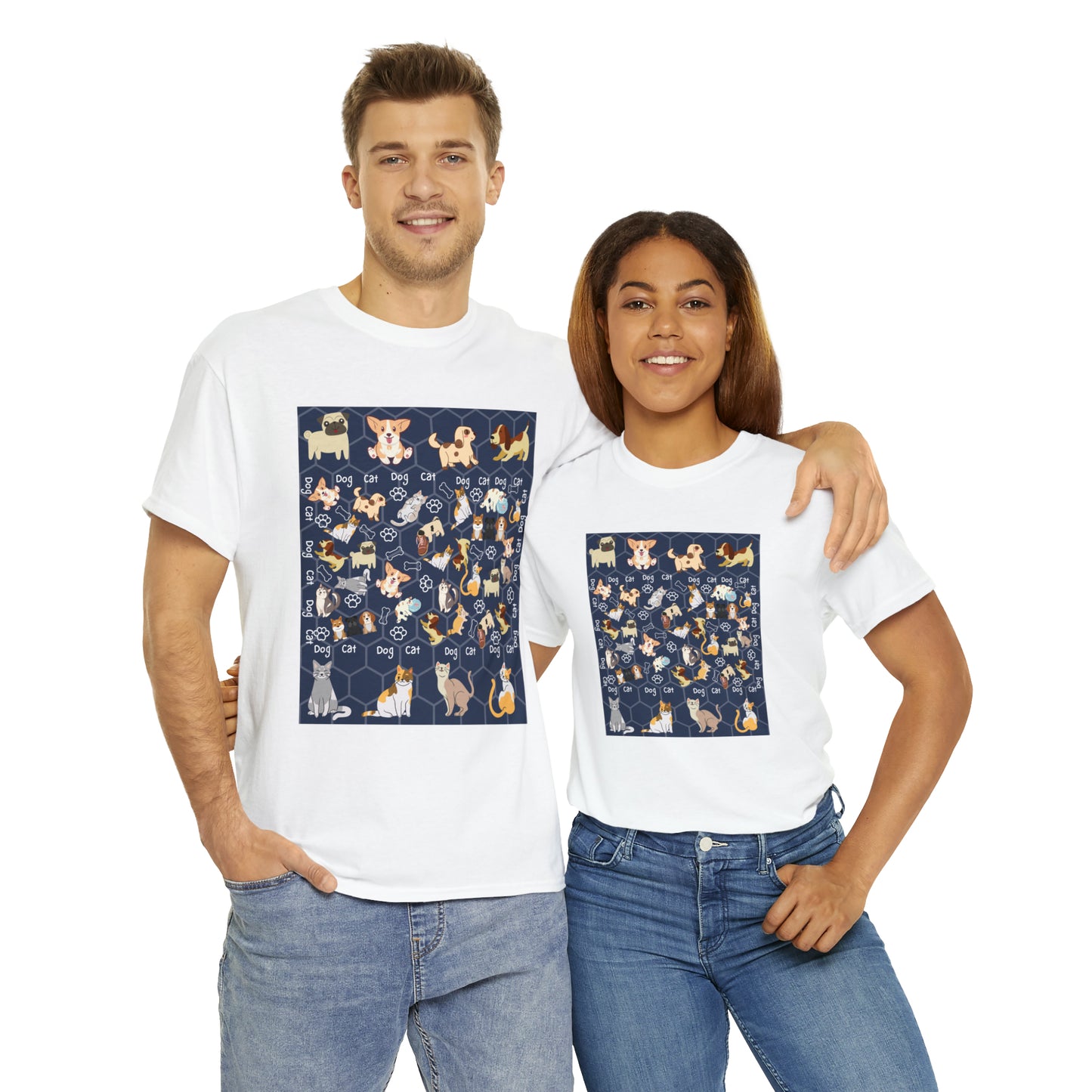 Dog and Cat Play Together Unisex Heavy Cotton Tee