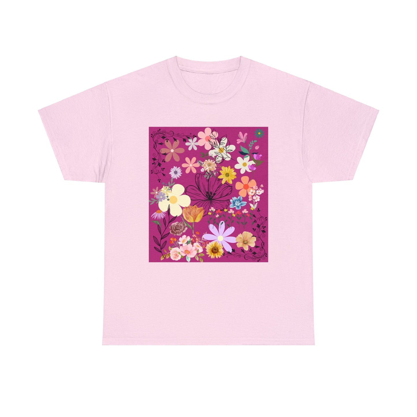 Floral Menagerie Fushia ground Unisex Heavy Cotton Tee