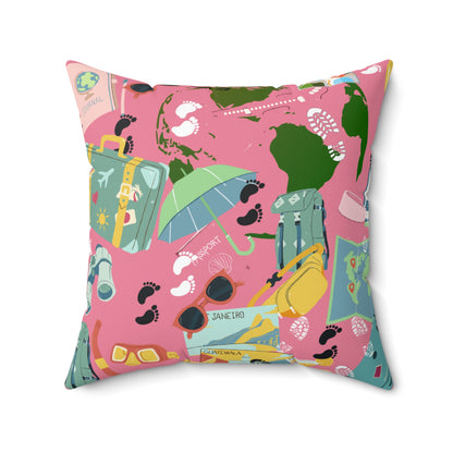 Travel and Exploration Pink Spun Polyester Square Pillow