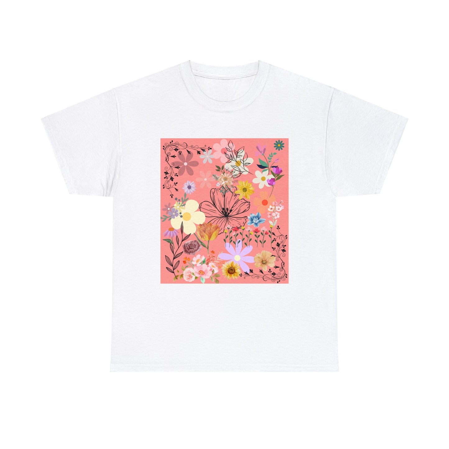 Floral Menagerie Peach ground Unisex Heavy Cotton Tee