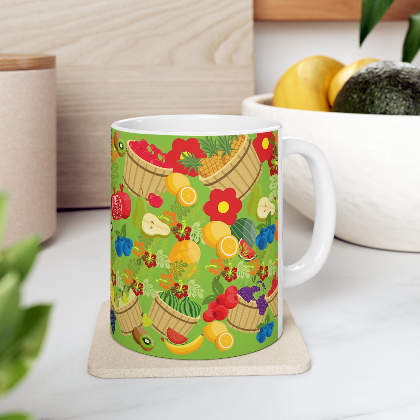 Fruitful and Delicious Green ground Ceramic Mug 11oz