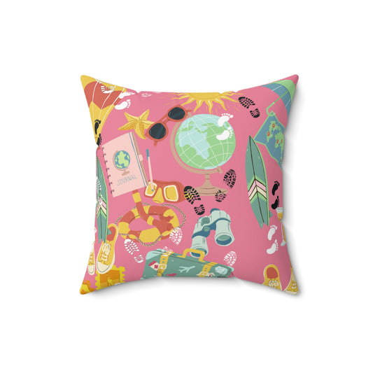 Travel and Exploration Pink Spun Polyester Square Pillow