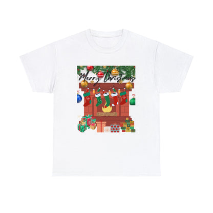 Merry Christmas Fireplace Unisex Heavy Cotton Tee