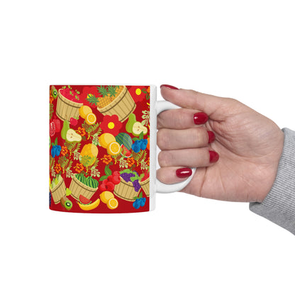 Fruitful and Delicious Red Ground Ceramic Mug 11oz