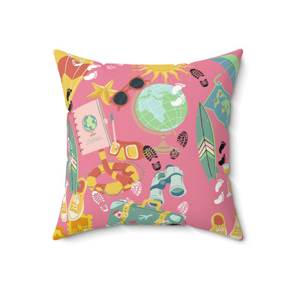 Travel and Exploration Pink Spun Polyester Square Pillow