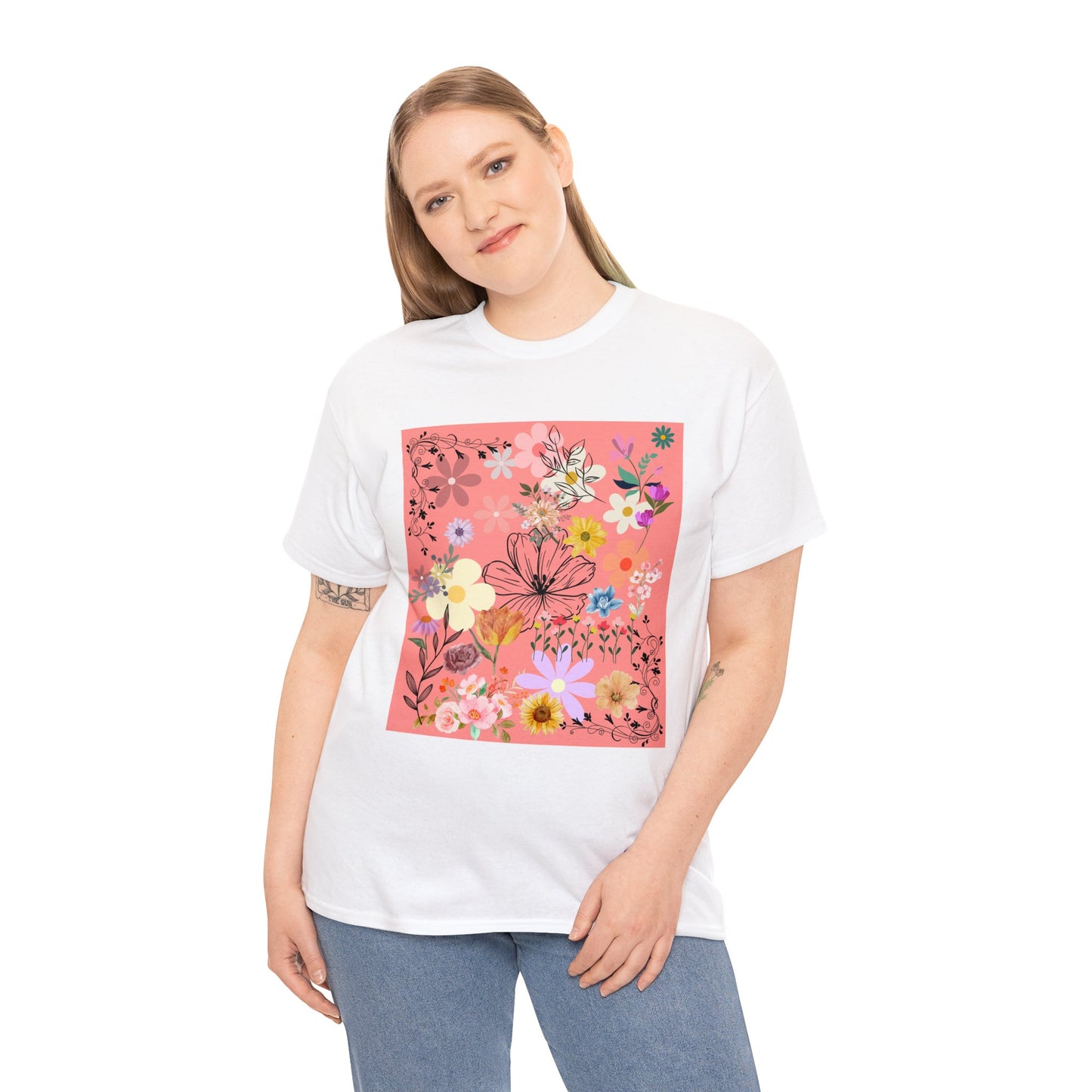 Floral Menagerie Peach ground Unisex Heavy Cotton Tee