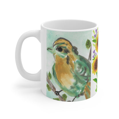 Bird and Sunflower Ceramic Mug 11oz