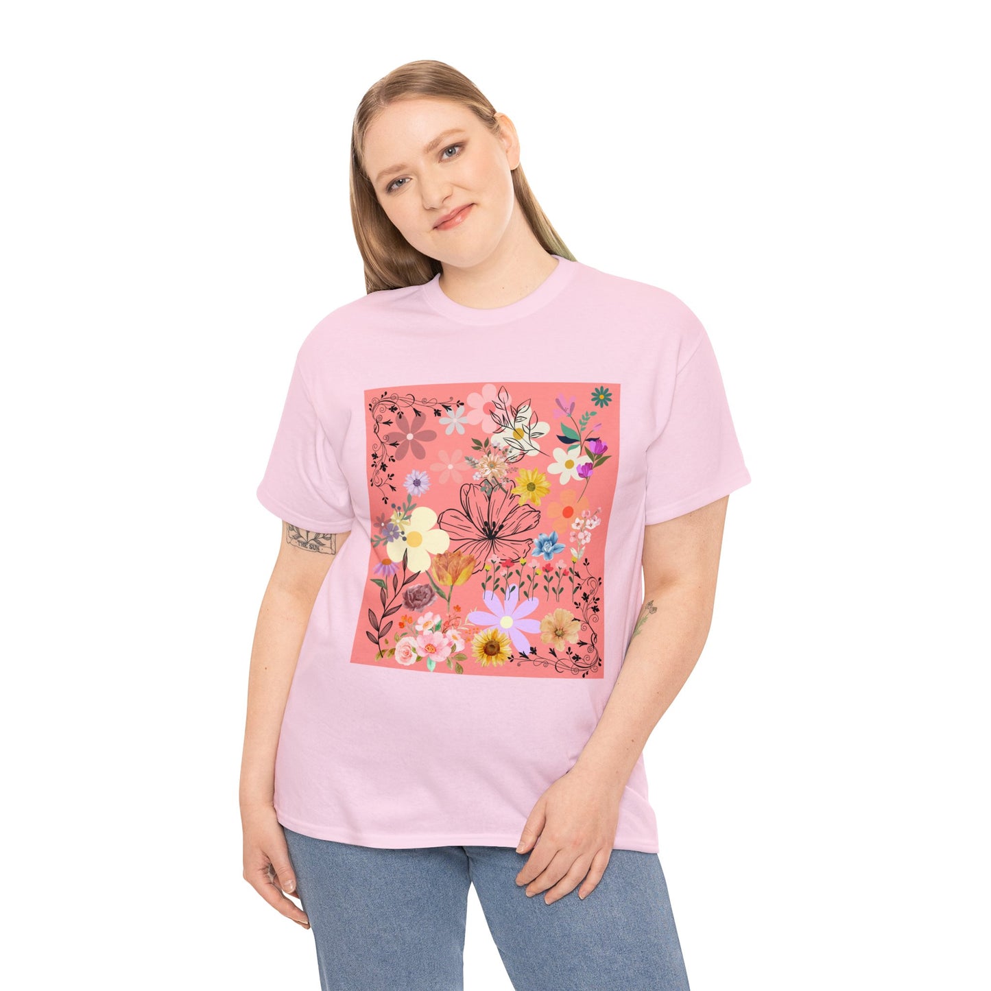 Floral Menagerie Peach ground Unisex Heavy Cotton Tee