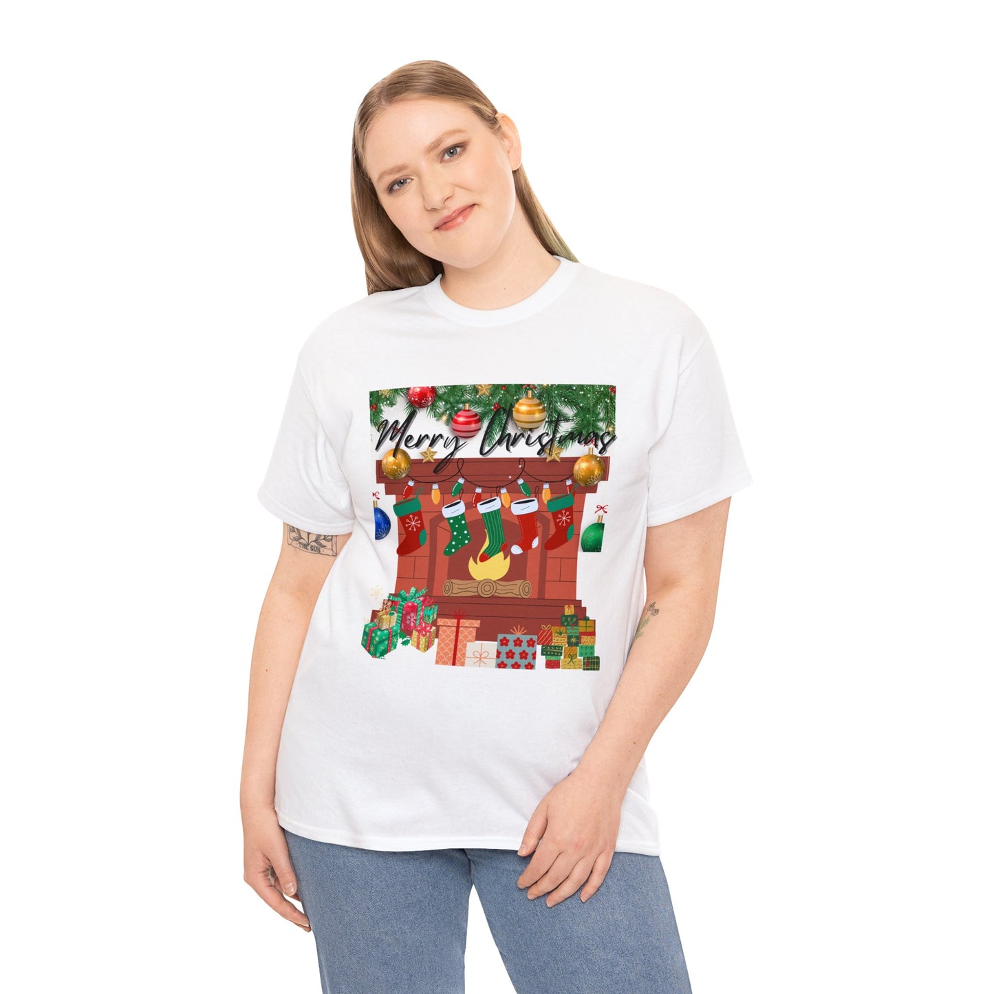 Merry Christmas Fireplace Unisex Heavy Cotton Tee