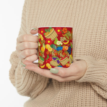 Fruitful and Delicious Red Ground Ceramic Mug 11oz