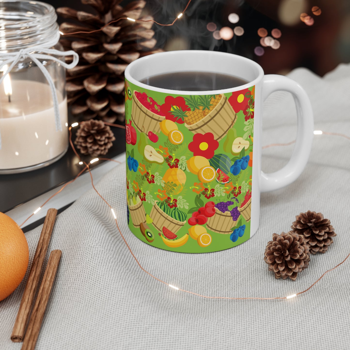 Fruitful and Delicious Green ground Ceramic Mug 11oz