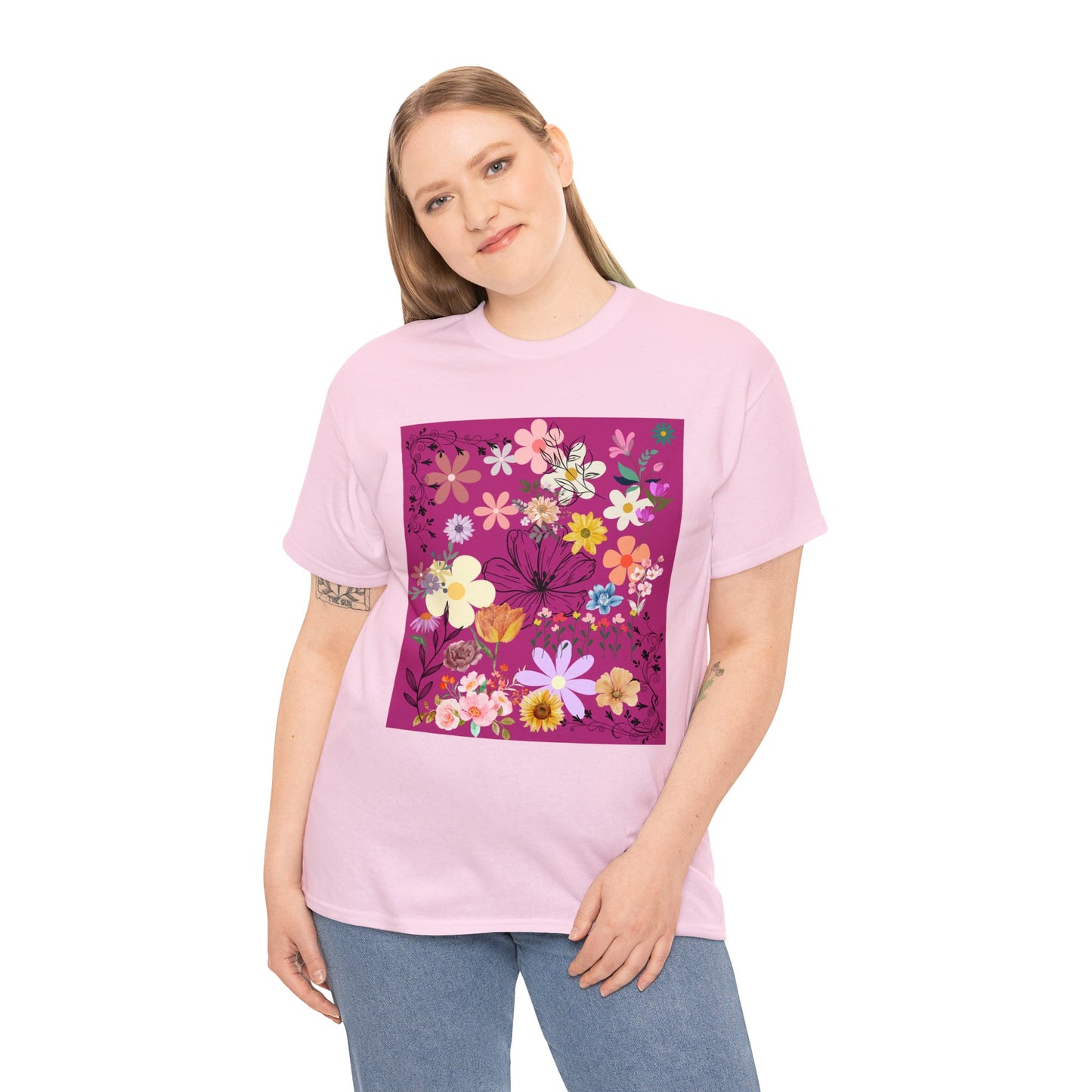 Floral Menagerie Fushia ground Unisex Heavy Cotton Tee