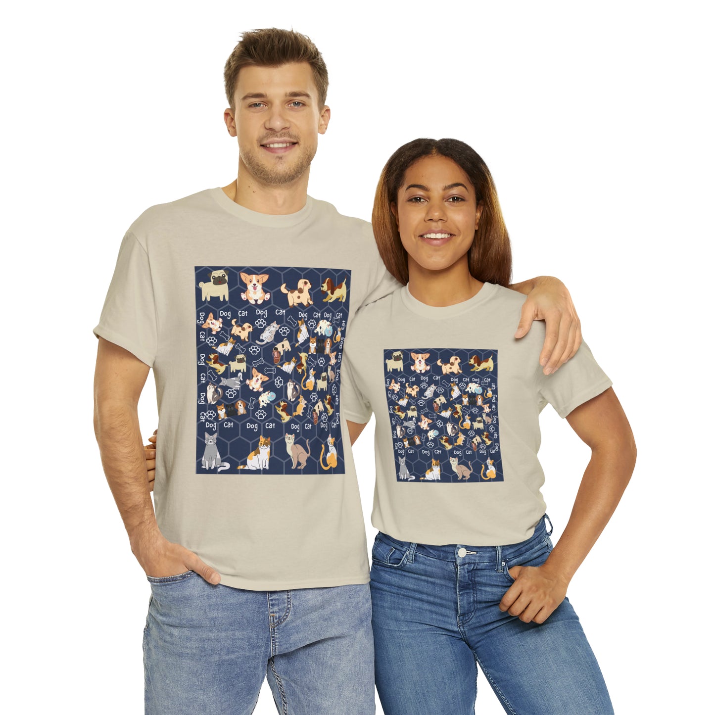 Dog and Cat Play Together Unisex Heavy Cotton Tee