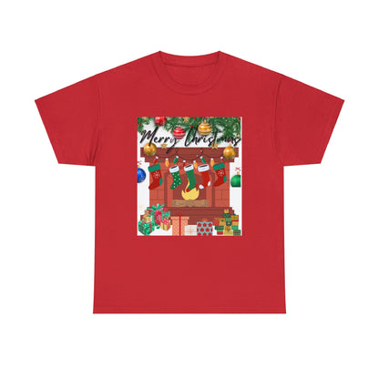 Merry Christmas Fireplace Unisex Heavy Cotton Tee