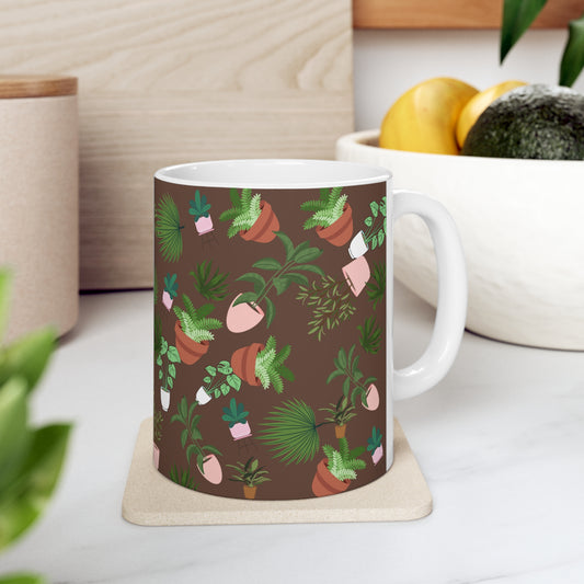 Plants and Doodles Brown Ceramic Mug 11oz