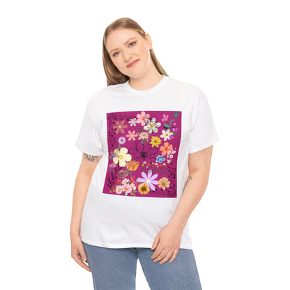 Floral Menagerie Fushia ground Unisex Heavy Cotton Tee