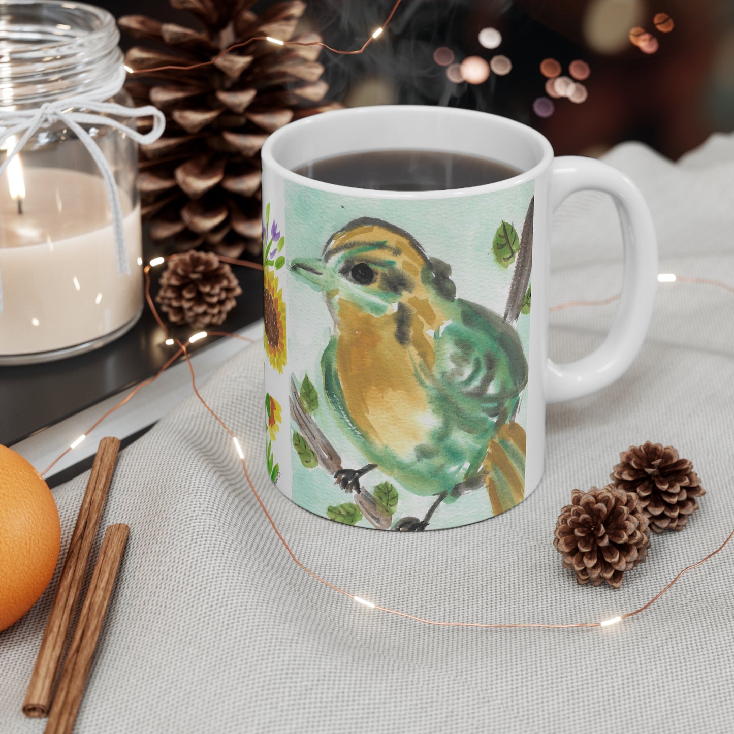 Bird and Sunflower Ceramic Mug 11oz