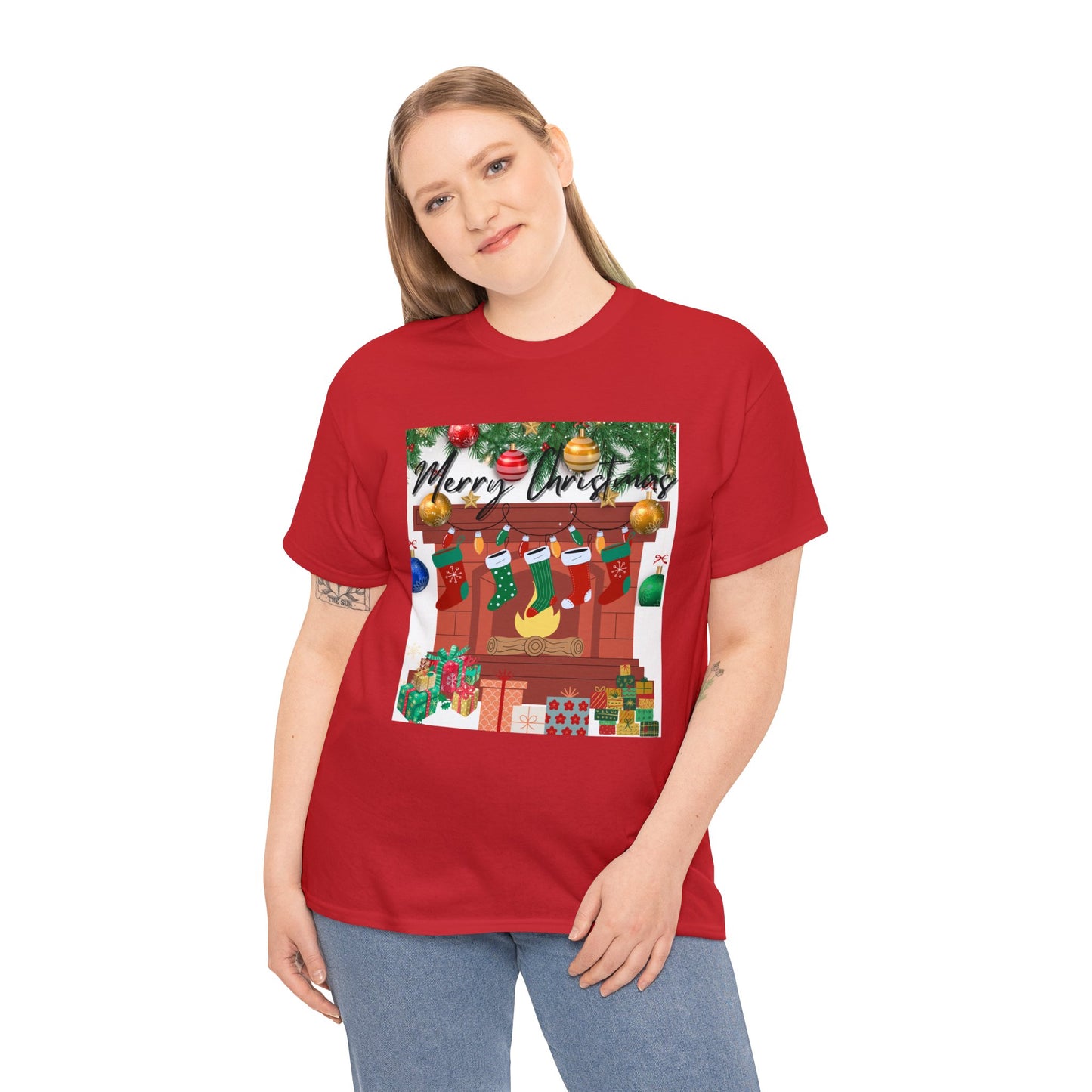 Merry Christmas Fireplace Unisex Heavy Cotton Tee