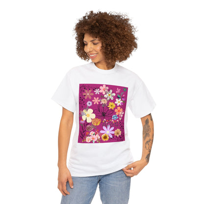 Floral Menagerie Fushia ground Unisex Heavy Cotton Tee