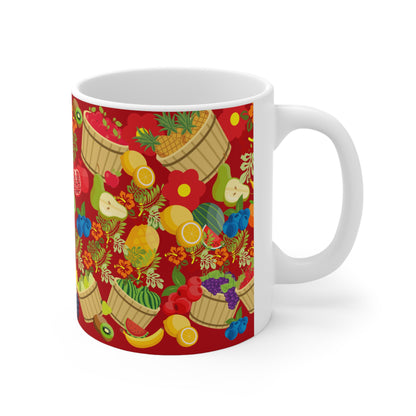 Fruitful and Delicious Red Ground Ceramic Mug 11oz