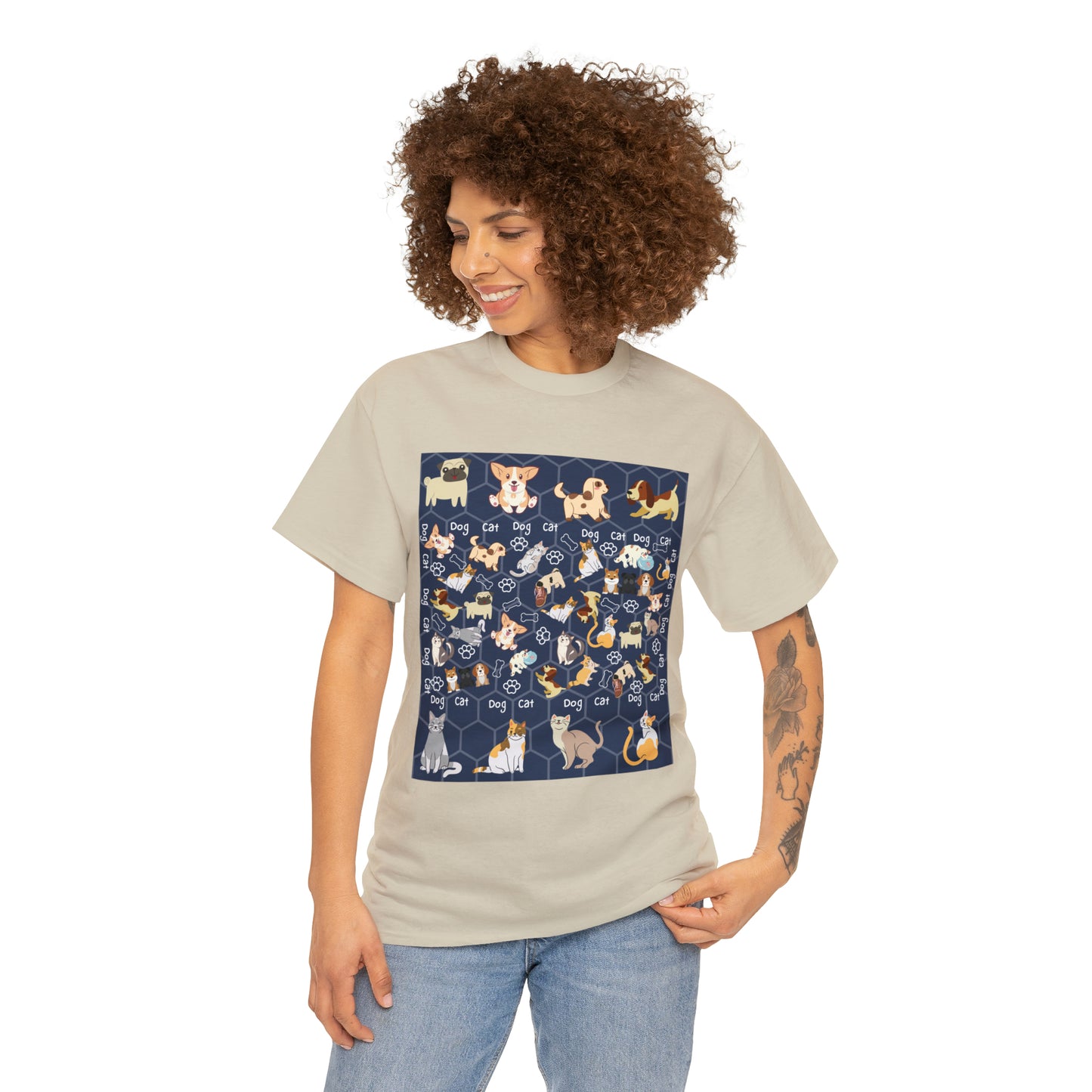 Dog and Cat Play Together Unisex Heavy Cotton Tee