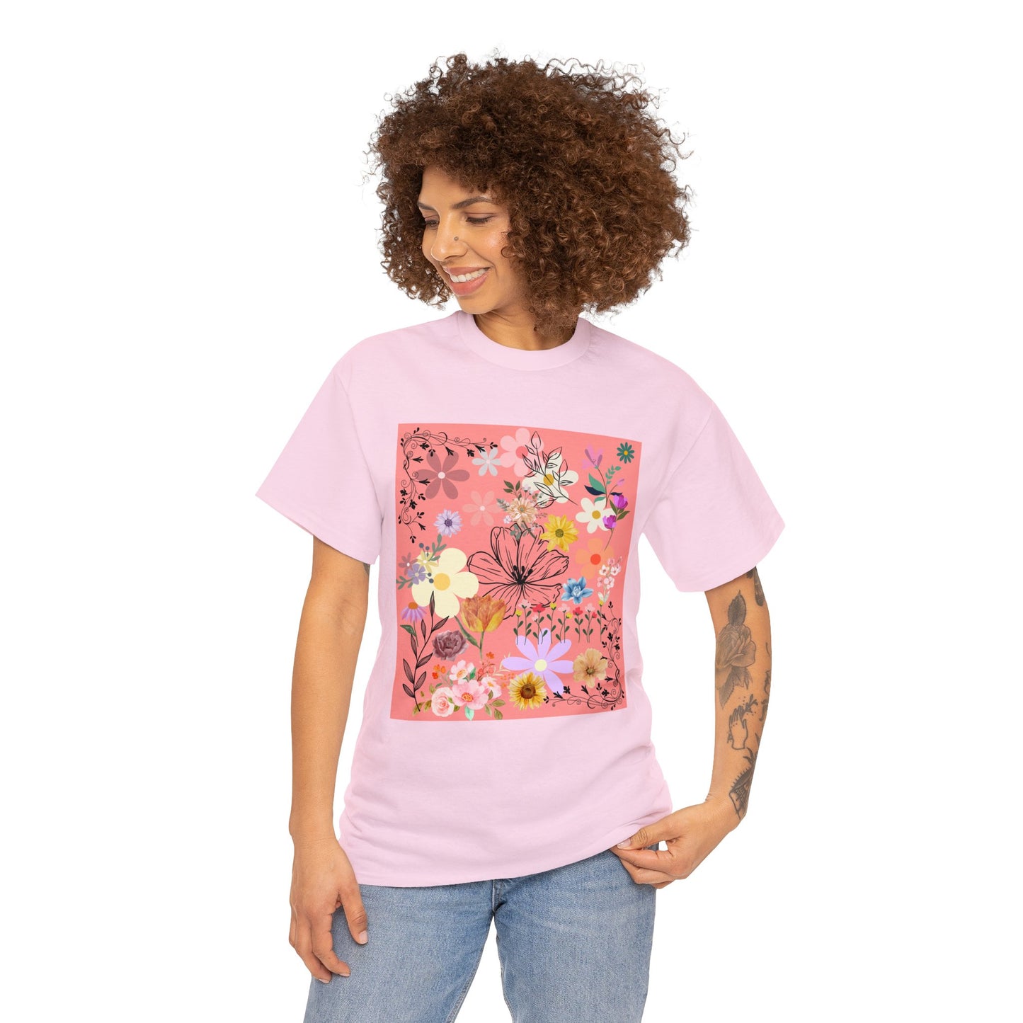 Floral Menagerie Peach ground Unisex Heavy Cotton Tee