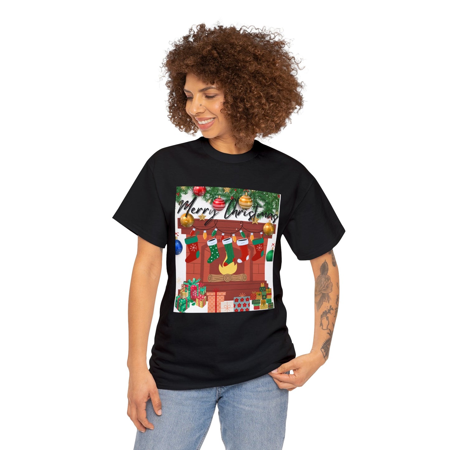 Merry Christmas Fireplace Unisex Heavy Cotton Tee