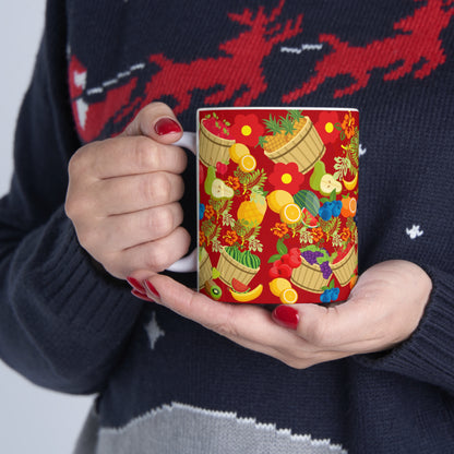 Fruitful and Delicious Red Ground Ceramic Mug 11oz