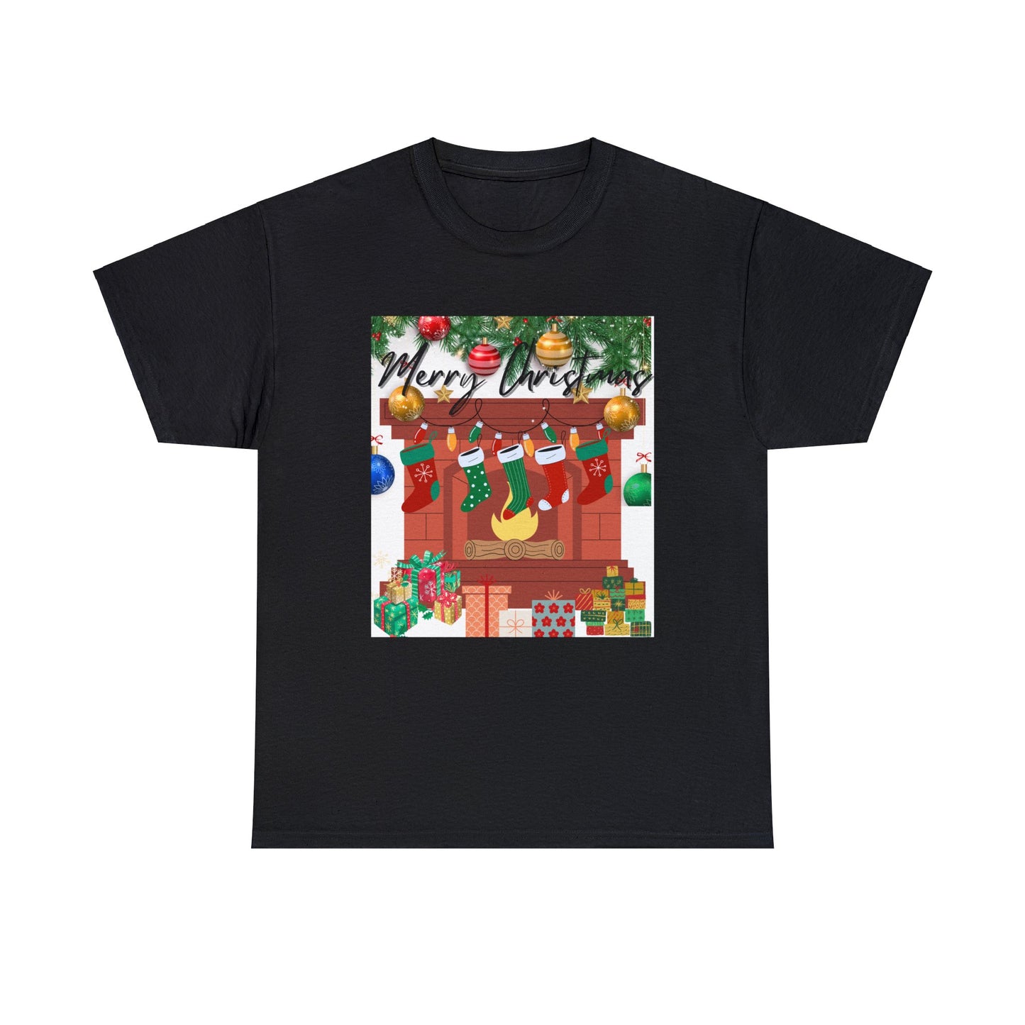 Merry Christmas Fireplace Unisex Heavy Cotton Tee