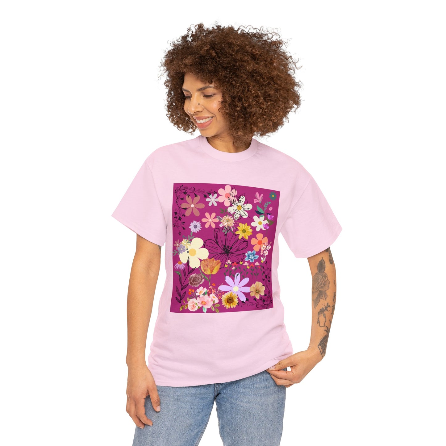 Floral Menagerie Fushia ground Unisex Heavy Cotton Tee